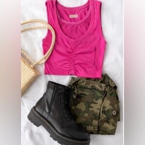 Bozzolo Hot Pink Ruched Crop Tank Top S/M Stretch Ribbed Barbiecore